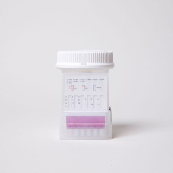 E‑Z Integrated Split Key Cup urine screening test with sealed cup and temperature strip